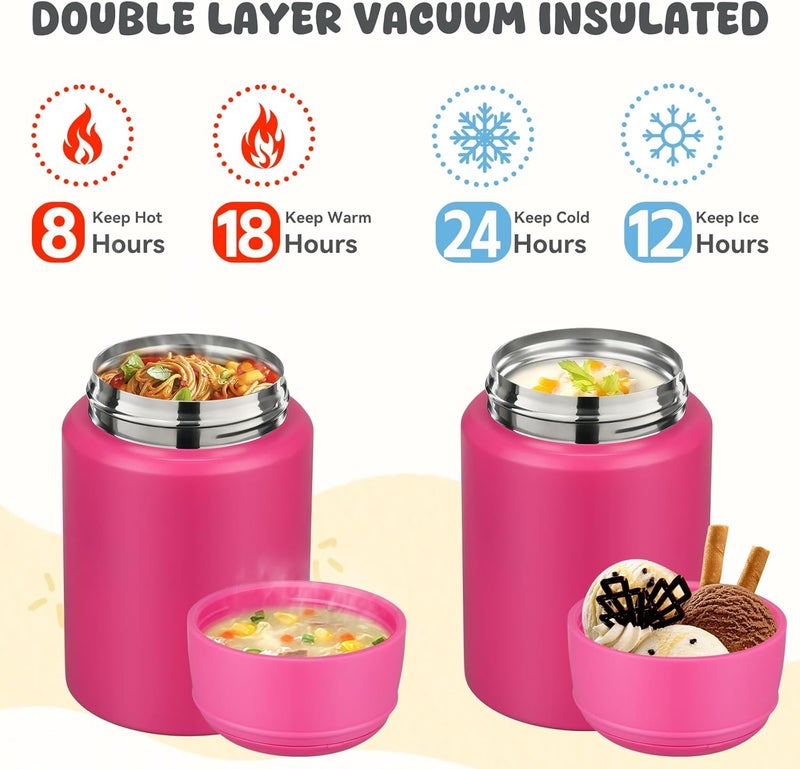 Aimsnk 17oz Soup Thermo for Hot Food Kids Insulated Food Jar,Thermo Hot Food Lunch Container, Width Mouth Stainless Steel Lunch Box for Kids with Handle Folding Spoon(Rose Red-Pure) - Image 4